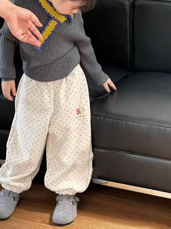 Pantaloni trening pentru fete, cu căptușeală fleece, imprimeu cu buline, 50% bumbac, stil coreean de bază, talie medie cu elastic