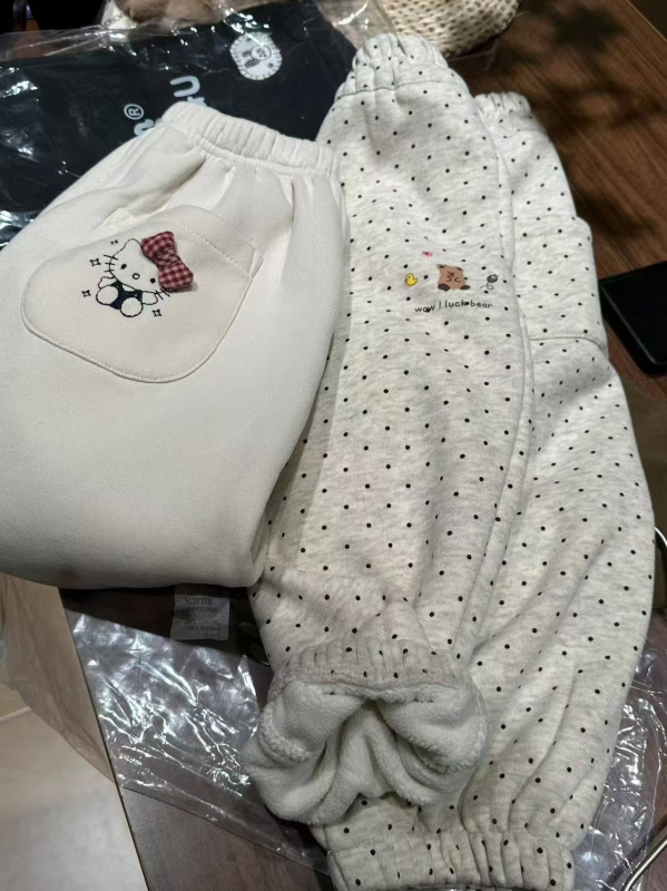 Pantaloni trening pentru fete, cu căptușeală fleece, imprimeu cu buline, 50% bumbac, stil coreean de bază, talie medie cu elastic