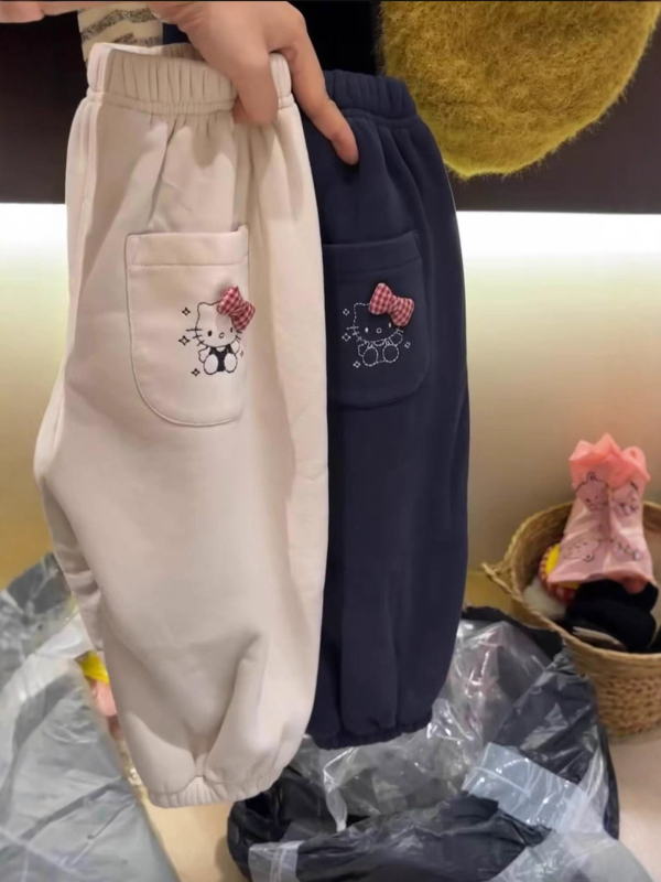 Pantaloni trening pentru fete, cu căptușeală fleece, imprimeu cu buline, 50% bumbac, stil coreean de bază, talie medie cu elastic