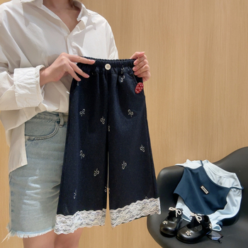 Панталони за момичета с широки крачоли, плетени дънкови имитации, средна талия, пролетно–есенни, за деца 3–8 години, 69% полиестер, 27% вискоза, 4% еластан