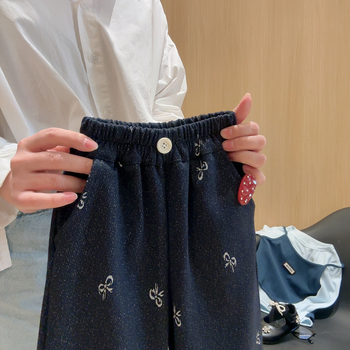 Панталони за момичета с широки крачоли, плетени дънкови имитации, средна талия, пролетно–есенни, за деца 3–8 години, 69% полиестер, 27% вискоза, 4% еластан