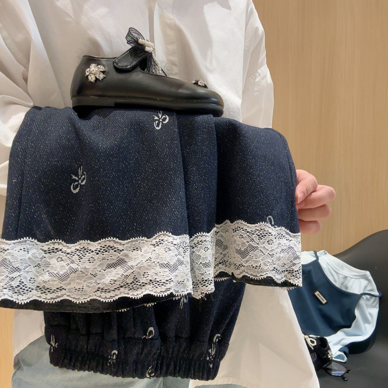 Панталони за момичета с широки крачоли, плетени дънкови имитации, средна талия, пролетно–есенни, за деца 3–8 години, 69% полиестер, 27% вискоза, 4% еластан