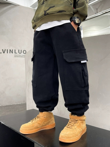 Pantaloni de lucru pentru copii, căptuți cu fleece, stil coreean, bumbac, talie medie, talie elastică