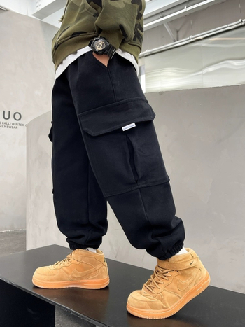 Pantaloni de lucru pentru copii, căptuți cu fleece, stil coreean, bumbac, talie medie, talie elastică