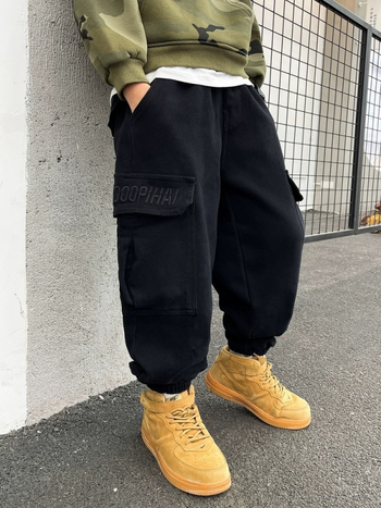 Pantaloni de lucru pentru copii, căptuți cu fleece, stil coreean, bumbac, talie medie, talie elastică