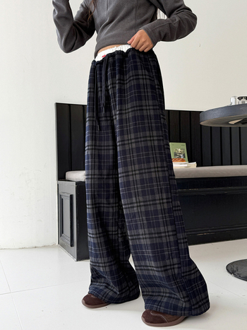 Djevojčice casual zimske hlače, patchwork karirana, fleece-lined, širokih nogavica, srednje visok struk s elastičnim pojasom, pamut-polyester mješavina (70% poliester)