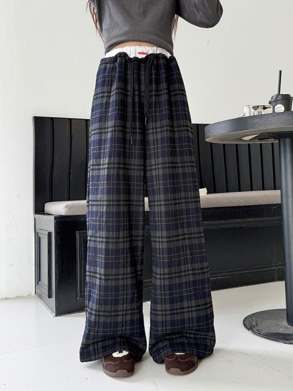 Djevojčice casual zimske hlače, patchwork karirana, fleece-lined, širokih nogavica, srednje visok struk s elastičnim pojasom, pamut-polyester mješavina (70% poliester)