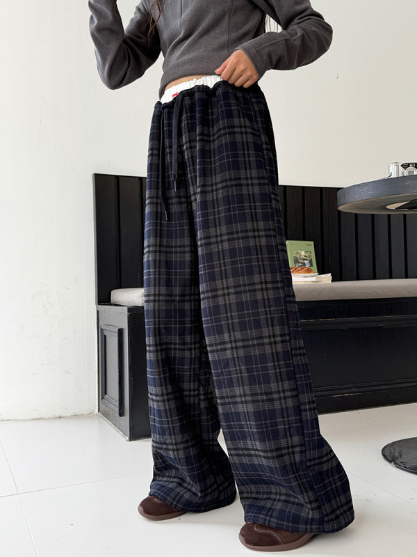 Djevojčice casual zimske hlače, patchwork karirana, fleece-lined, širokih nogavica, srednje visok struk s elastičnim pojasom, pamut-polyester mješavina (70% poliester)