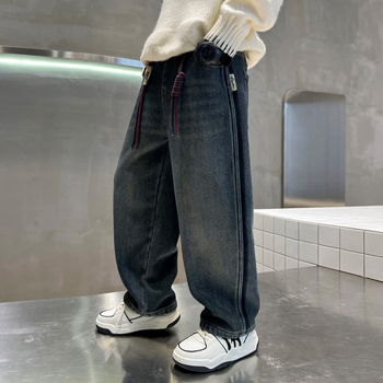Dječje hlače za dječake - ležerni stil, Cowboy denim, 45% pamuk, srednji pojas, zima 2025