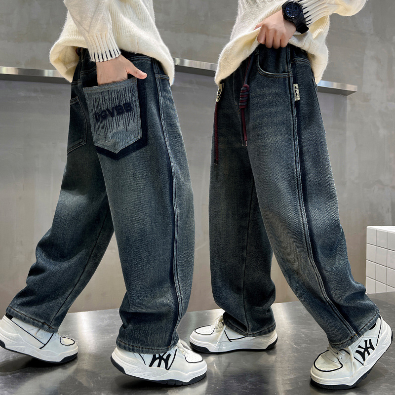 Dječje hlače za dječake - ležerni stil, Cowboy denim, 45% pamuk, srednji pojas, zima 2025