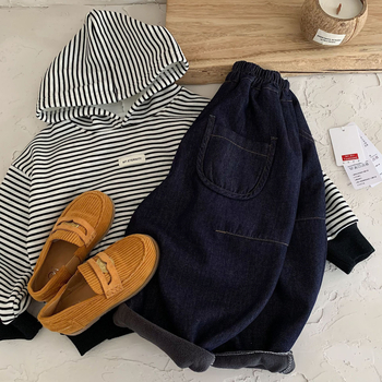 Jeansi pentru copii iarnă – unisex, stil coreean casual, cu căptușeală din fleece, fibre din celuloză regenerată, 58,6% bumbac