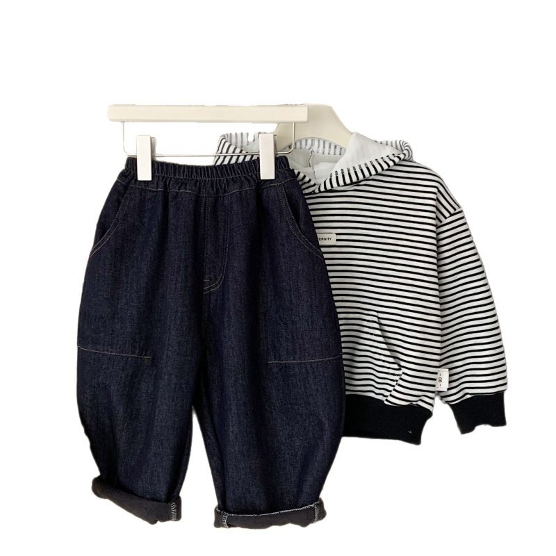 Jeansi pentru copii iarnă – unisex, stil coreean casual, cu căptușeală din fleece, fibre din celuloză regenerată, 58,6% bumbac