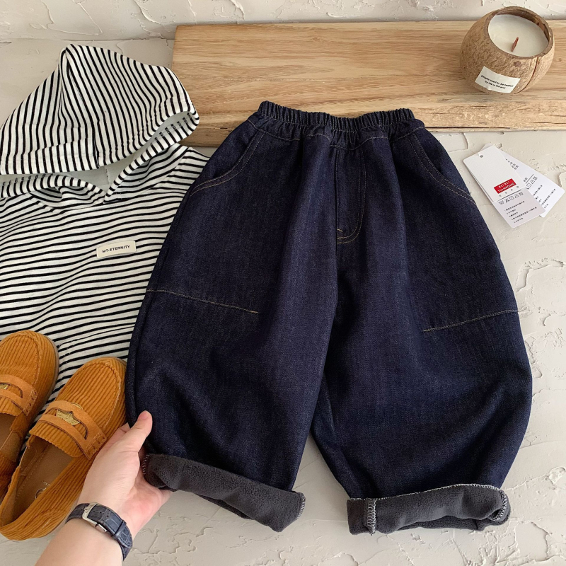 Jeansi pentru copii iarnă – unisex, stil coreean casual, cu căptușeală din fleece, fibre din celuloză regenerată, 58,6% bumbac