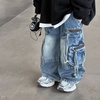 Jeans pentru copii, în stil K, din bumbac, talie medie, 3–8 ani, primăvară–toamnă