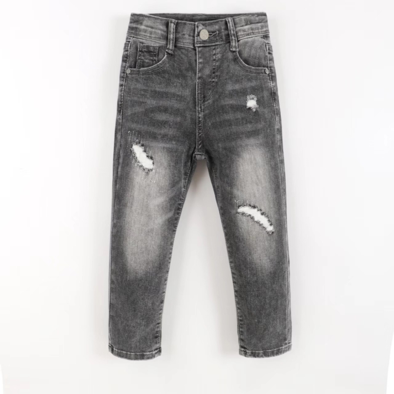 Blugi pentru copii de sex masculin din denim, 80% bumbac, talie înaltă, finisaj periat, protecție UV, spălare cu enzime (Primăvară)