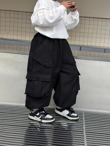 Gyerekeknek való cargo nadrág, négy gombbal, laza szabás, 100% poliészter, középmagas derék, tavasz–ősz