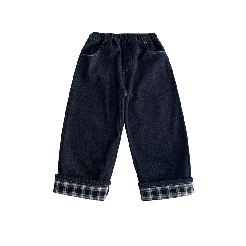 Kisfiúknak szóló koreai stílusú denim farmernadrág, rácsmintás, fleece bélés, csillag hímzés