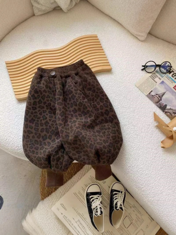 Dječje duge hlače, korejski stil, casual, korduroj materijal, 60% poliester, leopard uzorak, za dob 3–8 godina