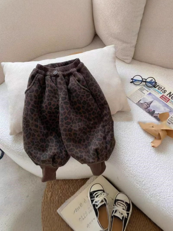 Dječje duge hlače, korejski stil, casual, korduroj materijal, 60% poliester, leopard uzorak, za dob 3–8 godina