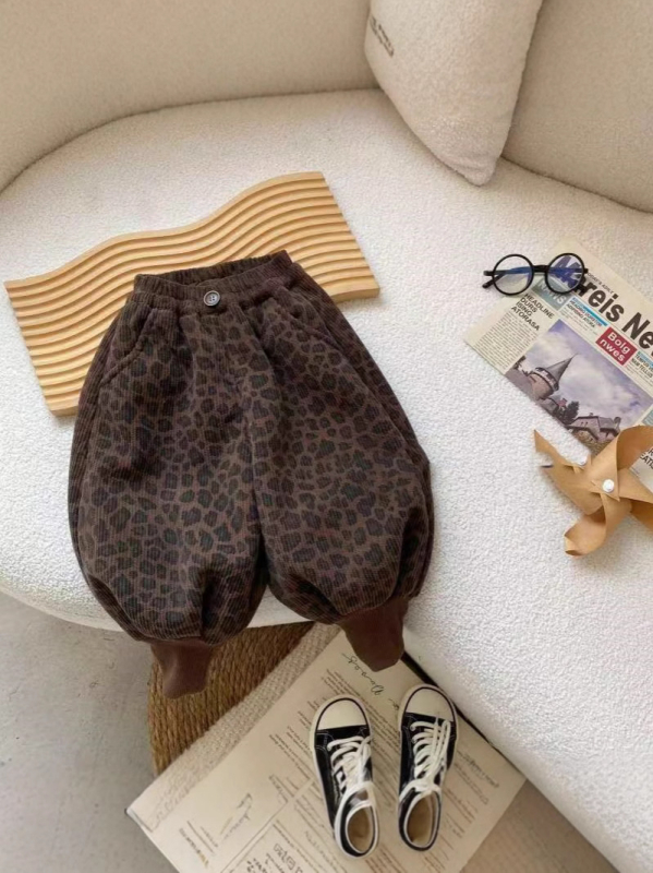 Dječje duge hlače, korejski stil, casual, korduroj materijal, 60% poliester, leopard uzorak, za dob 3–8 godina