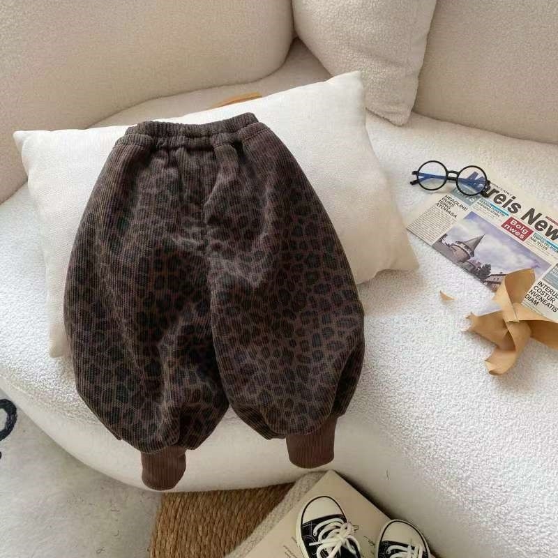 Dječje duge hlače, korejski stil, casual, korduroj materijal, 60% poliester, leopard uzorak, za dob 3–8 godina