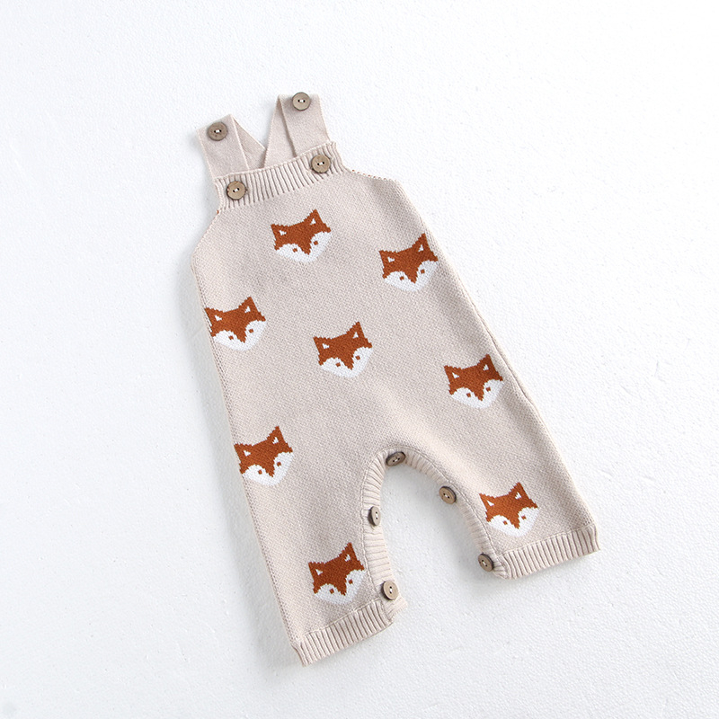 Salopetă pentru bebeluși tricotată cu bretele, în stil coreean, 100% bumbac, nou-născuți 0–12 luni, primăvară și toamnă, model vulpe desen animat
