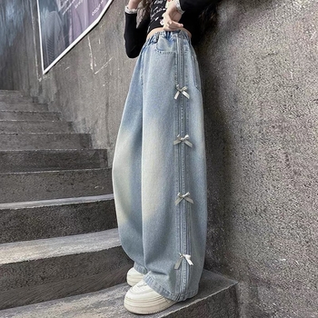 Jeansi din denim pentru fete — stil coreean, țesătură de bumbac, talie medie, primăvară și toamnă