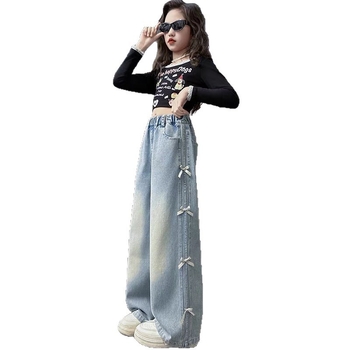 Jeansi din denim pentru fete — stil coreean, țesătură de bumbac, talie medie, primăvară și toamnă