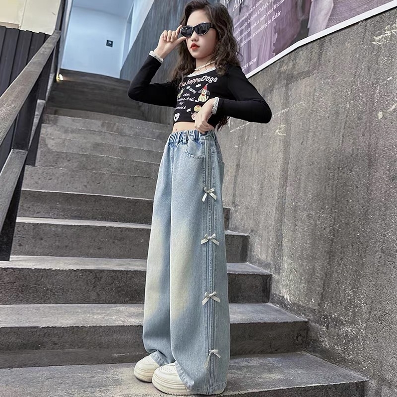 Jeansi din denim pentru fete — stil coreean, țesătură de bumbac, talie medie, primăvară și toamnă