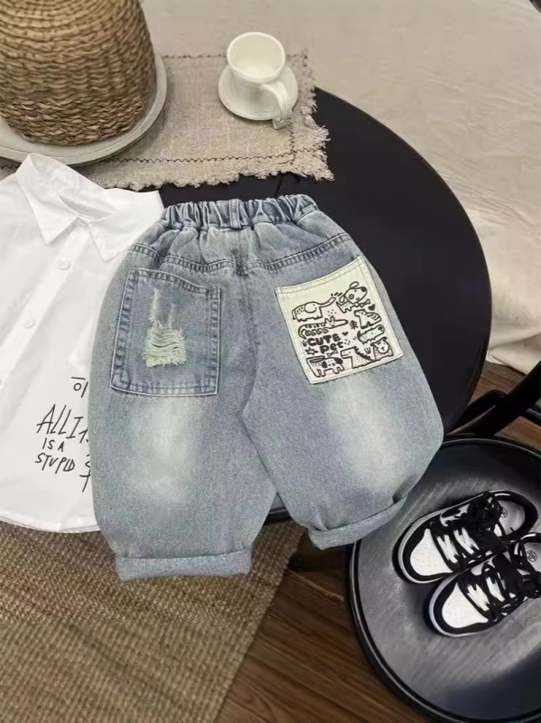 Jeanși pentru copii, stil coreean, denim din bumbac 65%, talie medie, pentru copii 3–8 ani