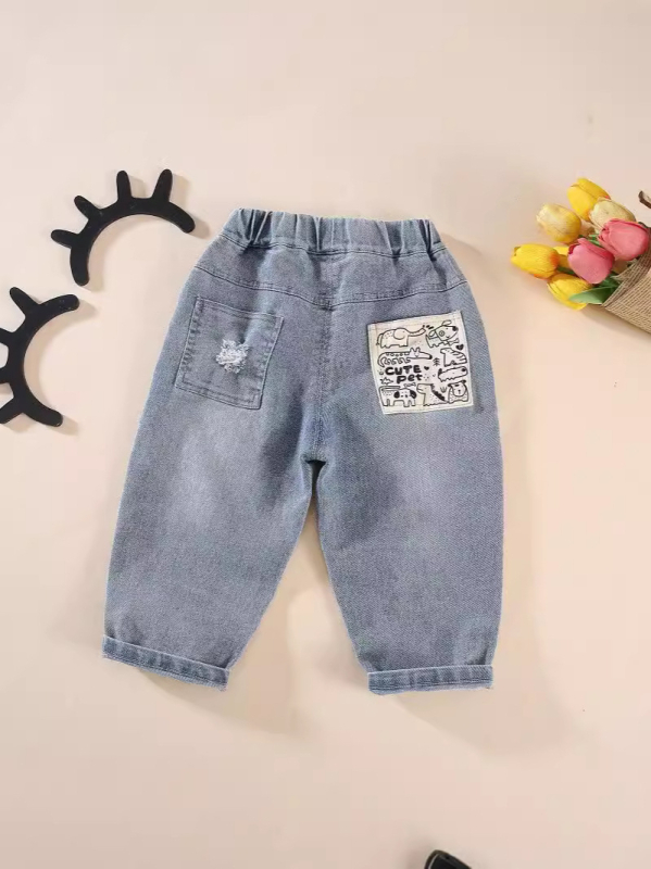 Jeanși pentru copii, stil coreean, denim din bumbac 65%, talie medie, pentru copii 3–8 ani
