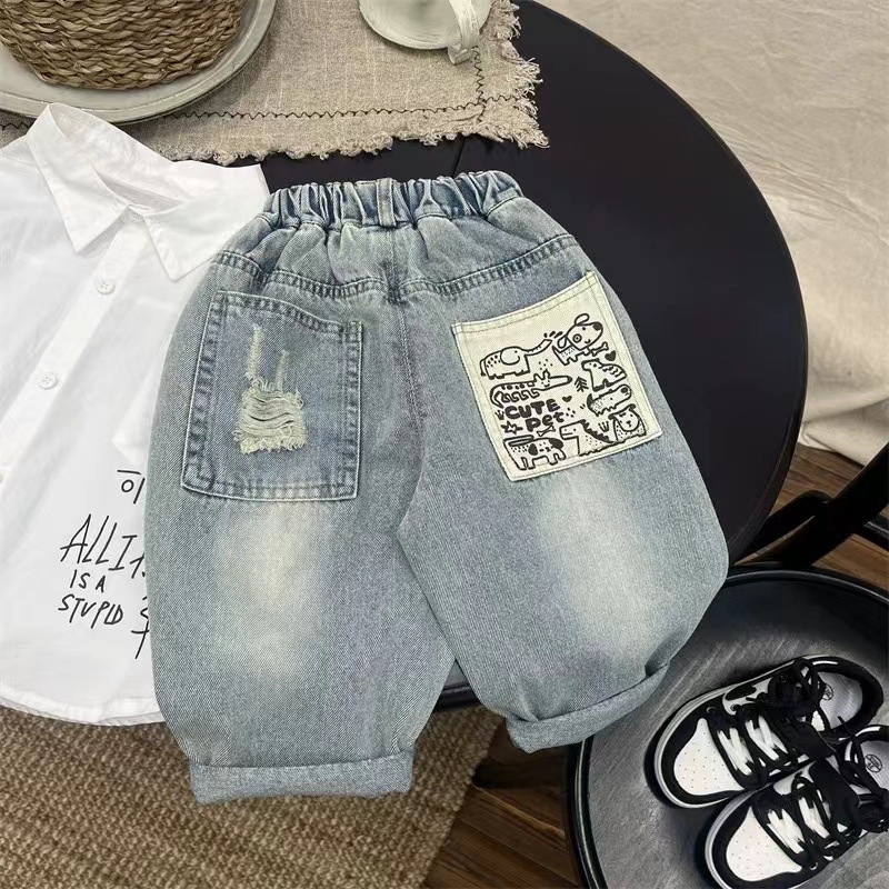 Jeanși pentru copii, stil coreean, denim din bumbac 65%, talie medie, pentru copii 3–8 ani