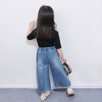 Pantaloni denim pentru fete, croială largă, cu rupturi, stil coreean, denim din bumbac, finisaj moale