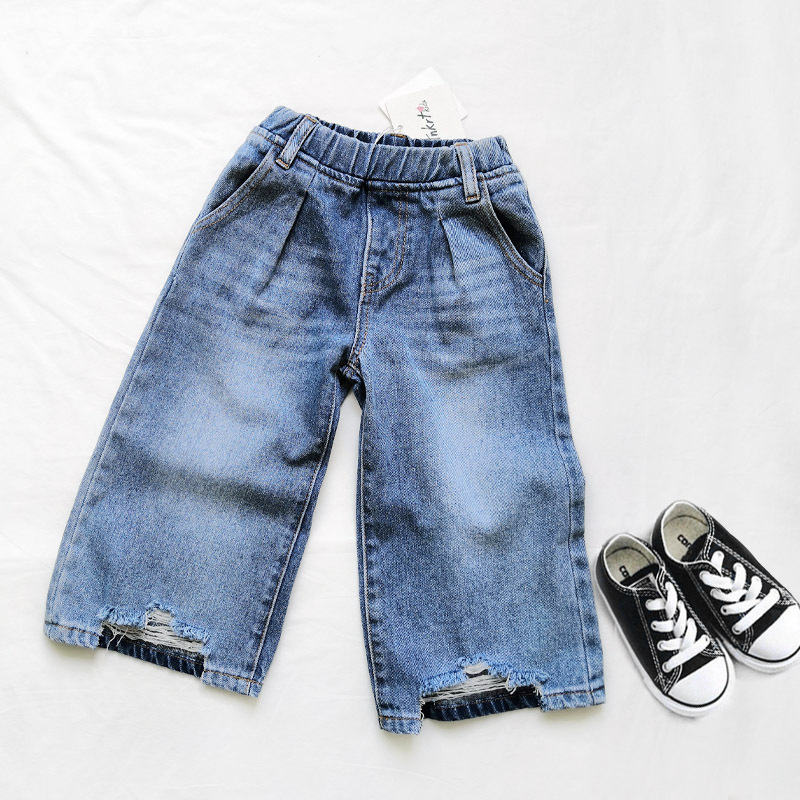 Pantaloni denim pentru fete, croială largă, cu rupturi, stil coreean, denim din bumbac, finisaj moale