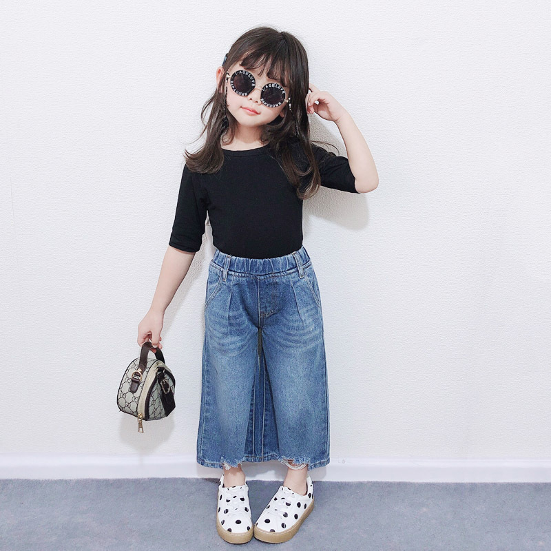 Pantaloni denim pentru fete, croială largă, cu rupturi, stil coreean, denim din bumbac, finisaj moale