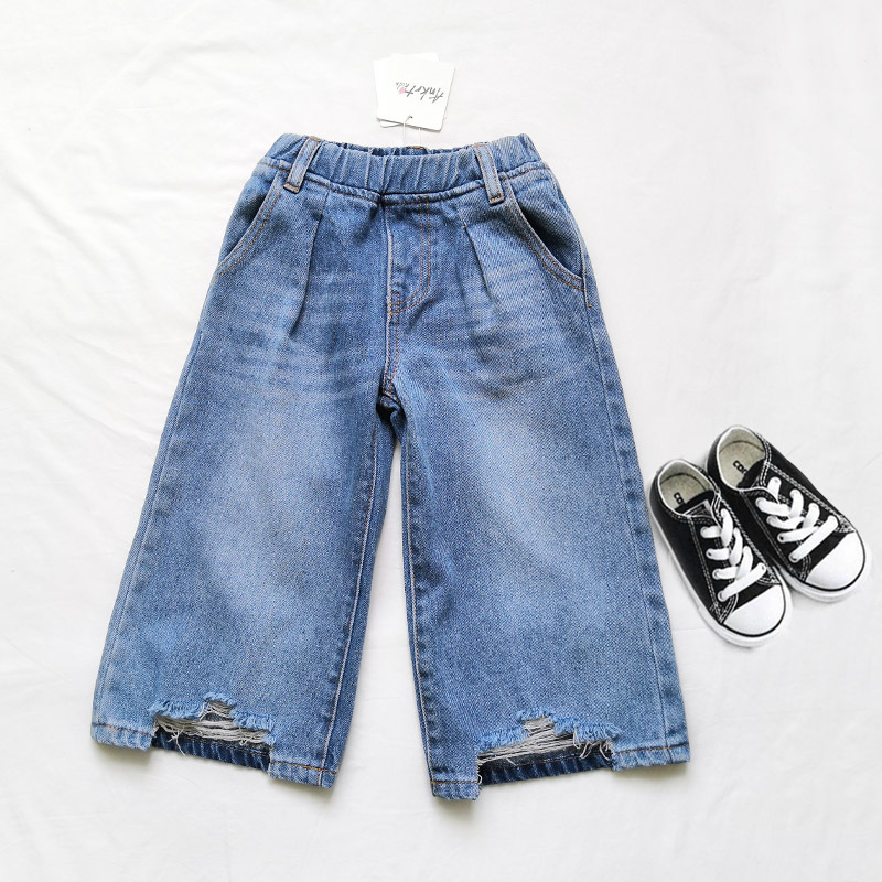 Pantaloni denim pentru fete, croială largă, cu rupturi, stil coreean, denim din bumbac, finisaj moale