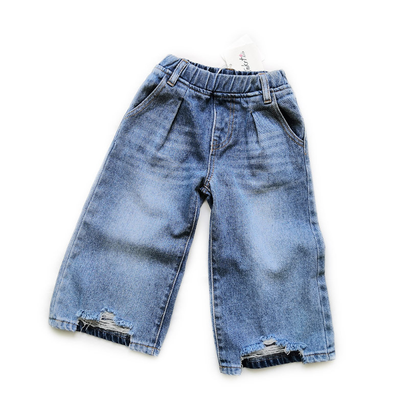 Pantaloni denim pentru fete, croială largă, cu rupturi, stil coreean, denim din bumbac, finisaj moale