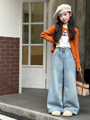 Pantaloni din denim cu croială largă pentru fete, bumbac, talie medie, talie elastică, iarnă