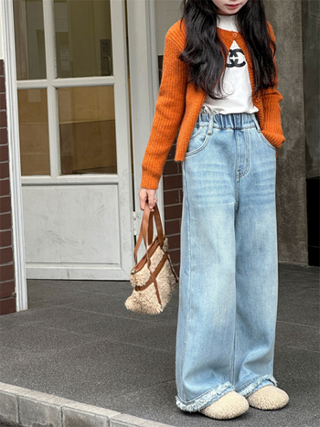 Pantaloni din denim cu croială largă pentru fete, bumbac, talie medie, talie elastică, iarnă