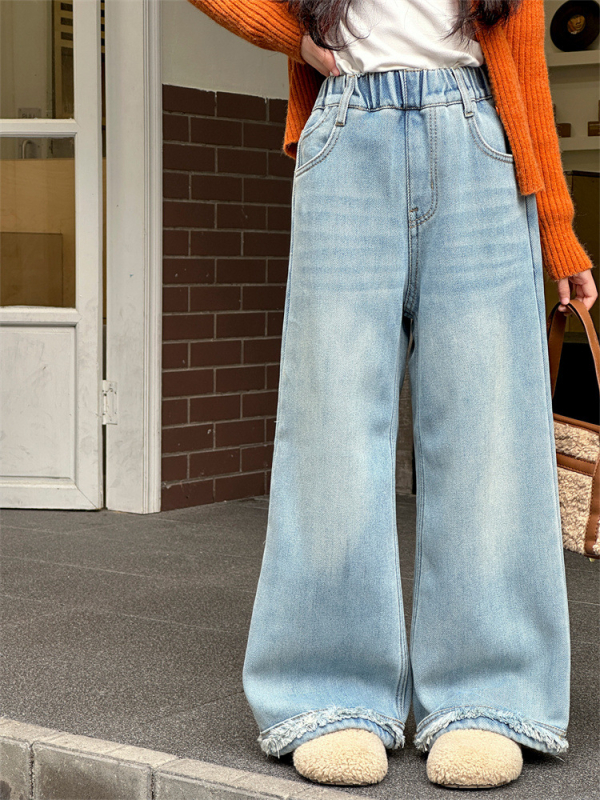 Pantaloni din denim cu croială largă pentru fete, bumbac, talie medie, talie elastică, iarnă