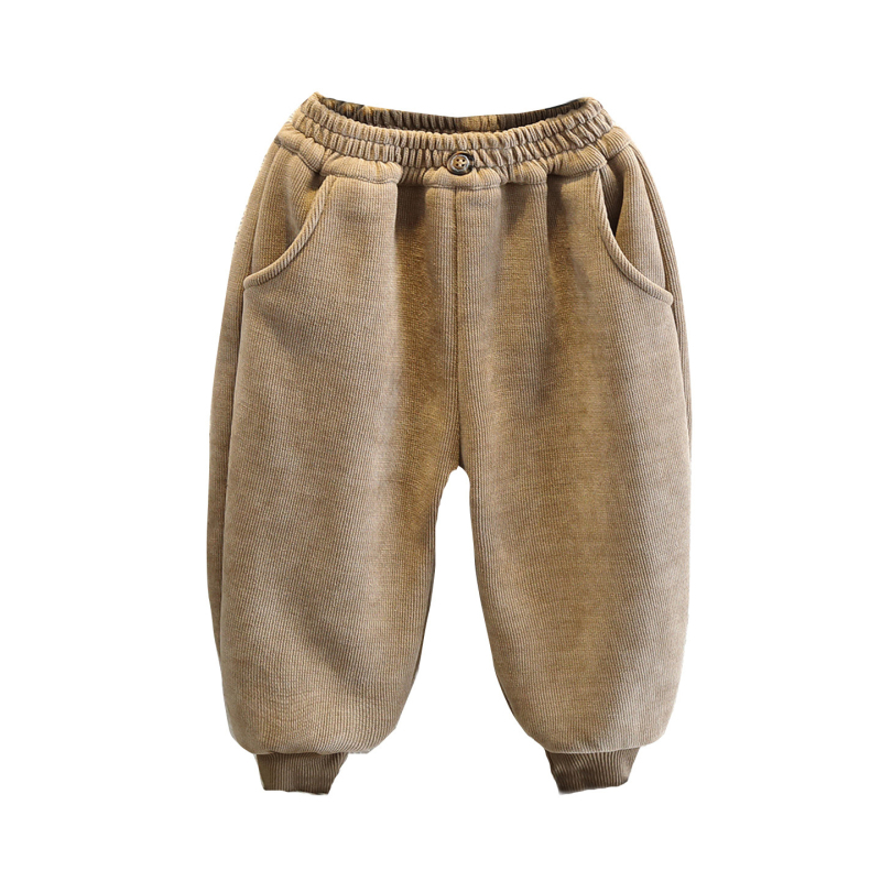 Pantaloni pentru băieți cu căptușeală fleece, stil coreean, amestec poliester 70%, talie elastică, pantaloni lungi cu manșete pentru iarnă