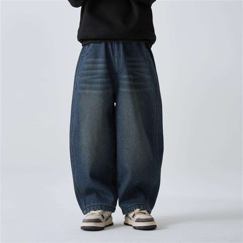 Gyerekeknek készült farmernadrág fleece-lal bélelt, koreai stílus, középmagas derekú, 52% pamut-keverék, téli