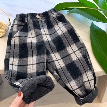 Pantaloni casual pentru copii din bumbac, căptuți cu fleece, imprimeu în carouri (bumbac; fleece; carouri; talie mijlocie; unisex)