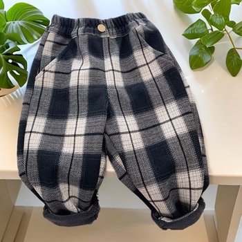 Pantaloni casual pentru copii din bumbac, căptuți cu fleece, imprimeu în carouri (bumbac; fleece; carouri; talie mijlocie; unisex)