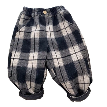 Pantaloni casual pentru copii din bumbac, căptuți cu fleece, imprimeu în carouri (bumbac; fleece; carouri; talie mijlocie; unisex)