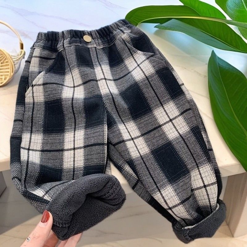 Pantaloni casual pentru copii din bumbac, căptuți cu fleece, imprimeu în carouri (bumbac; fleece; carouri; talie mijlocie; unisex)