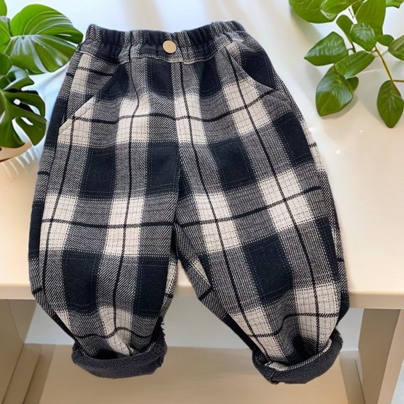 Pantaloni casual pentru copii din bumbac, căptuți cu fleece, imprimeu în carouri (bumbac; fleece; carouri; talie mijlocie; unisex)