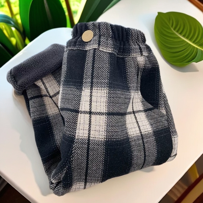 Pantaloni casual pentru copii din bumbac, căptuți cu fleece, imprimeu în carouri (bumbac; fleece; carouri; talie mijlocie; unisex)