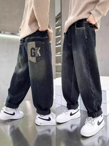 Fiúknak szóló fleece-vel bélelt farmernadrág téli viselet, középmagas derekú, 85% pamut