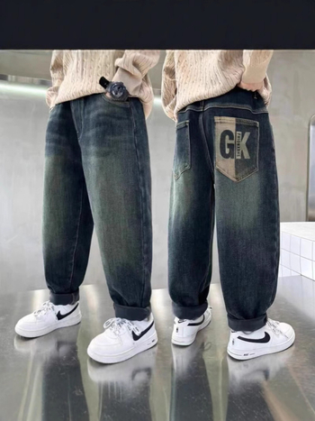 Fiúknak szóló fleece-vel bélelt farmernadrág téli viselet, középmagas derekú, 85% pamut